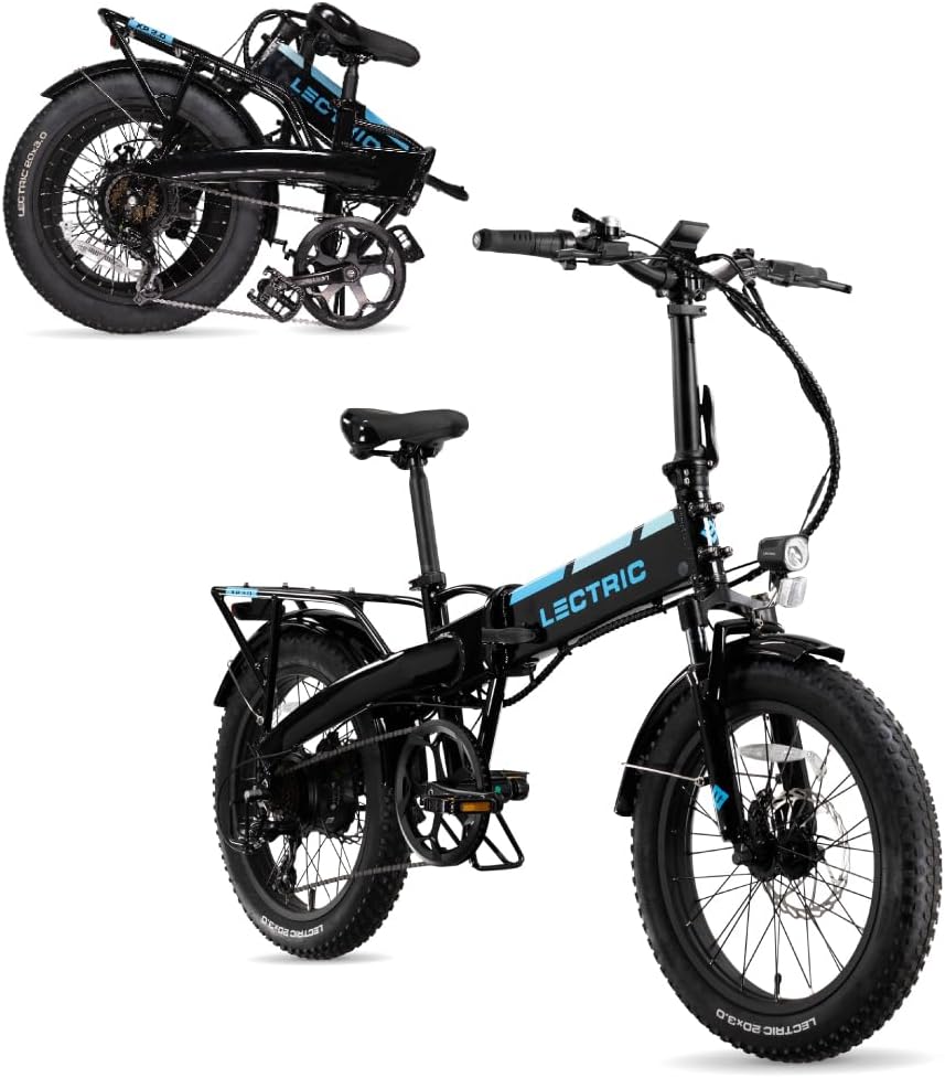 Two views of the LECTRIC XP 3.0 long-range electric bike—one fully assembled and one folded—showing its compact, portable design. The adult folding e-bike features fat tires, a step-through frame, front light, and branding that highlights its 65-mile range and five pedal-assist levels.